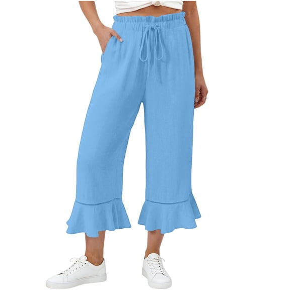 Nhthy Women's Summer High Waist Wide Leg Capri Pants, Drawstring Elastic Waist Ruffle Hem, Casual 7/8 Cropped Trousers with Pockets Light Blue XL
