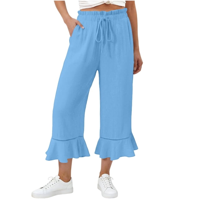 Hngshg Womens Capri Pants Summer Beach Vacation Ruffle Wide Leg Pants Loose Leisure Solid Color Drawstring Trousers with Pockets