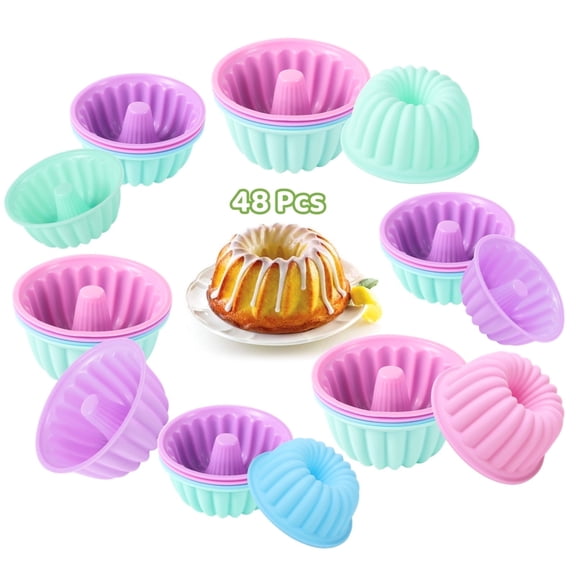 48 Pcs Silicone Donut Baking Pans Set - Non-Stick Small & Medium Fluted Muffin Liners, 4 Color Round Cake Molds for Donuts, Cupcakes & Jello