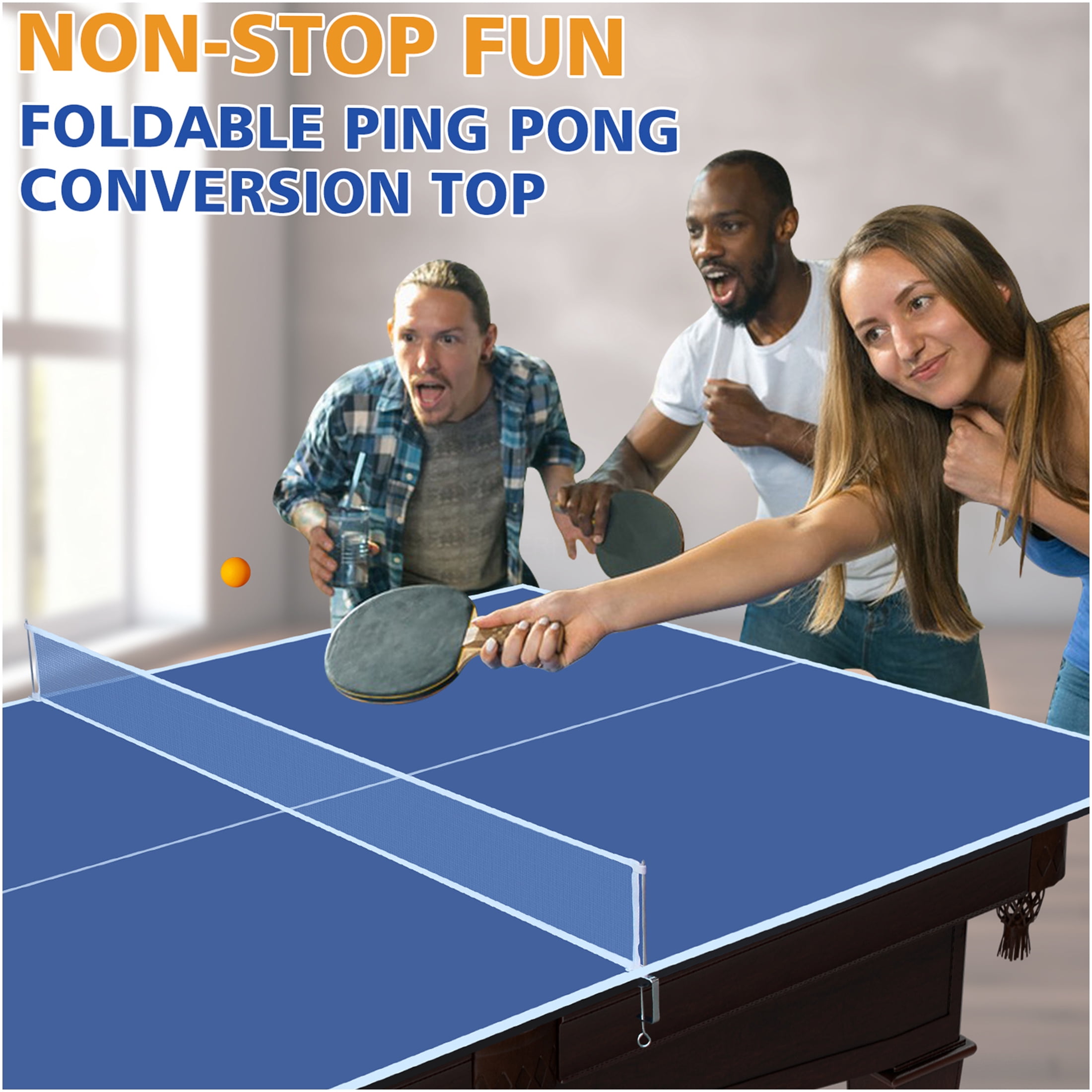JERFIT 7x4ft Portable Ping Pong Table Top | Indoor Blue MDF Conversion Surface with Foldable Design & Included Net