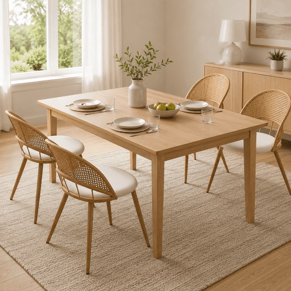 LAZZO Rattan Dining Chairs Set of 4, Mid-Century Modern Kitchen Chairs with Faux Leather Cushions and Metal Legs for Dining Room, White