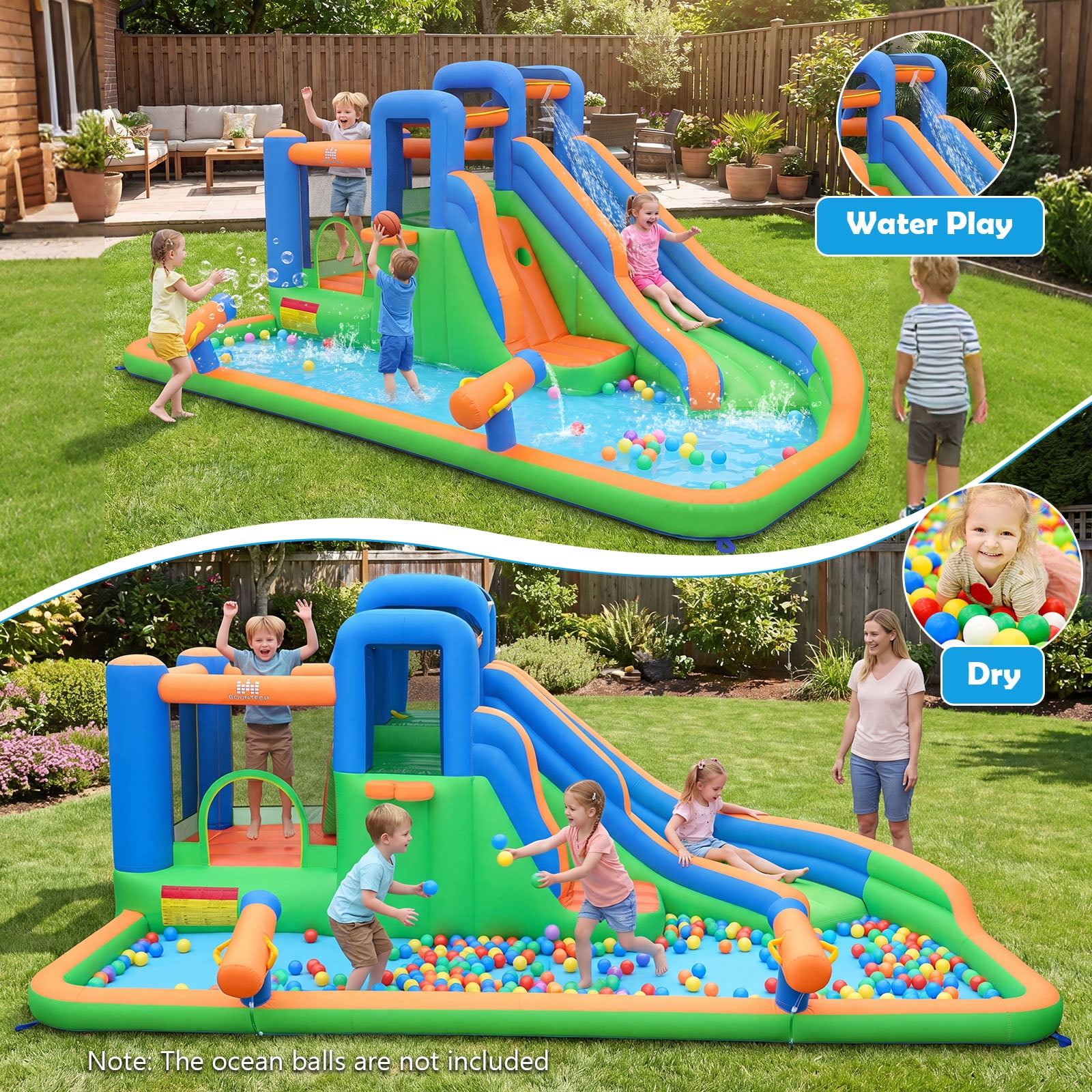 Costway Inflatable Water Slide Park with Slide, Jumping Area, Splash Pool, 2 Climbing Walls