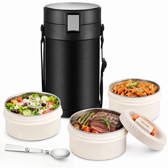 Wanchiy 78 oz / 2.3L 3-Tier Black Insulated Stainless Steel Food Jar, Stackable Bento Lunch Container for Office Camping Travel Outdoor Dining Use