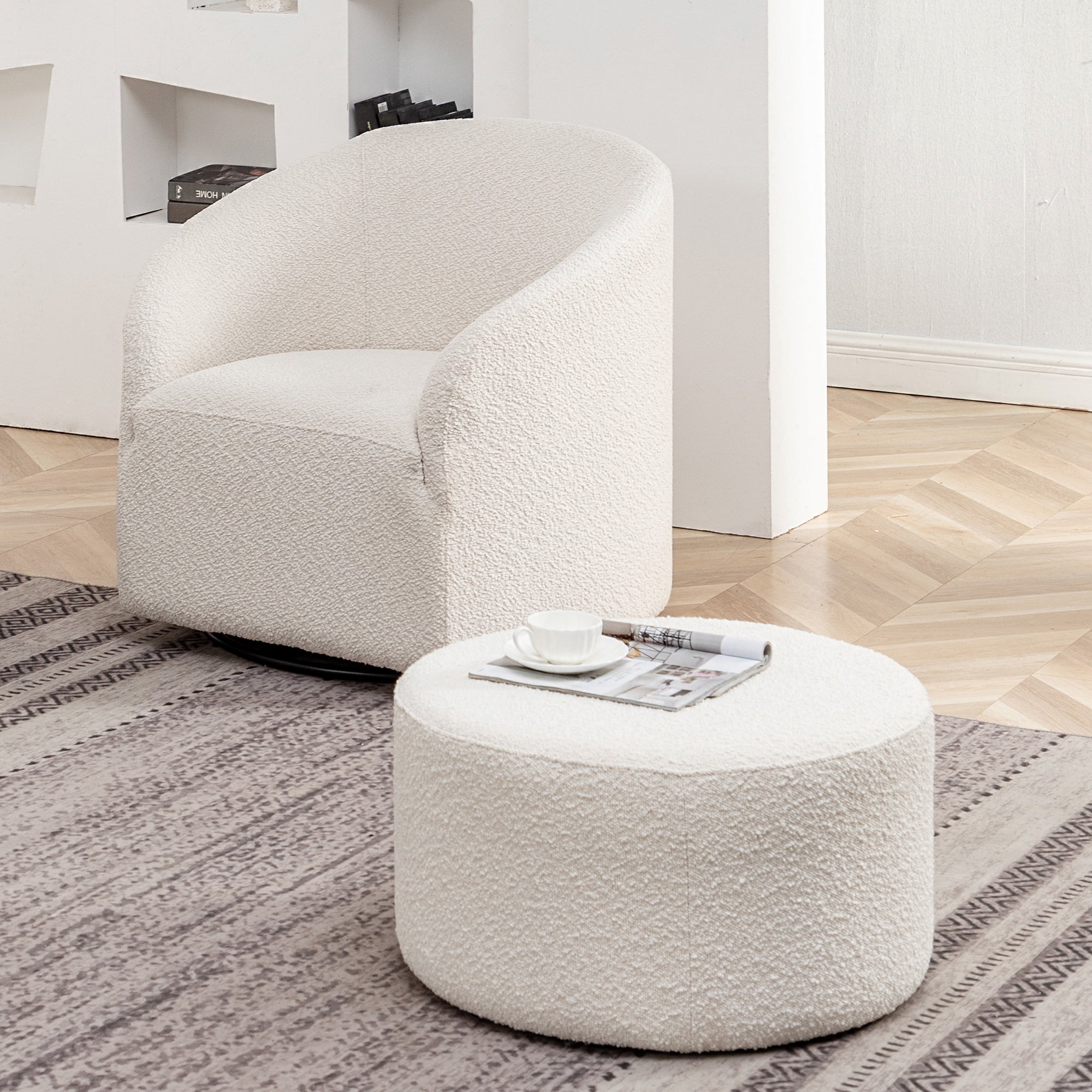 Modern Round Boucle Upholstered Ottoman with Soft Padded Seat, Multi-Functional Sofa Footrest, Side Table, Extra Seating (Cream, 24" D x 24" W x 13" H)