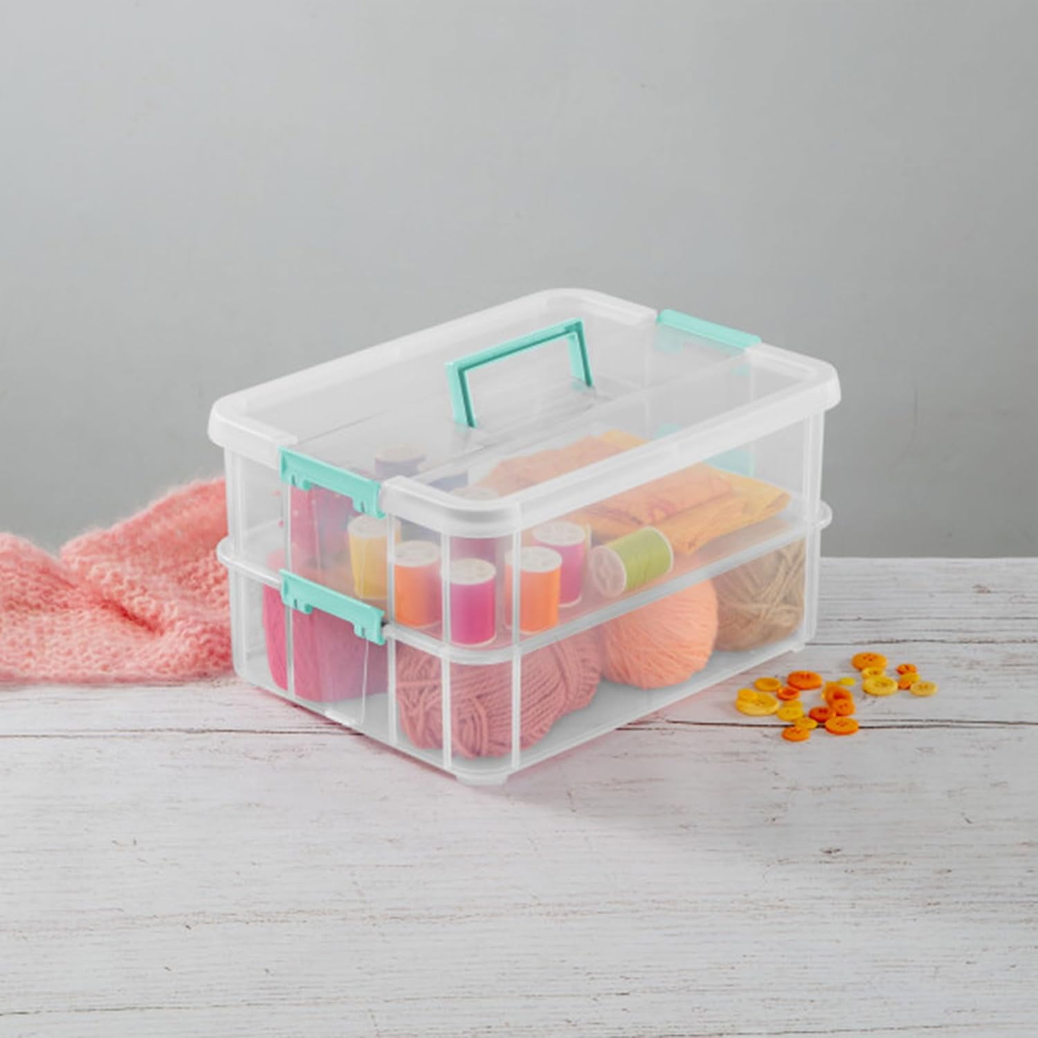 4-Pack Stack & Carry, 2 Layer Handle Box for Home & Office Storage - Clear Base & Lid with Color Latches, Organizer for Art & Craft Supplies, Sewing Tools or 8.5" x 11" Paper