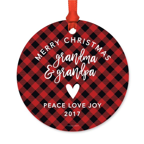 Family Metal Christmas Ornament, Merry Christmas Grandma and Grandpa 2017, Red Plaid, Includes Ribbon and Gift Bag
