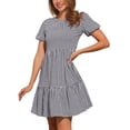 thumbnail image 4 of Vestido corto de manga corta con estampado de cuadros para mujeres, cuello redondo, cintura alta, vestido casual en capas, negro, 4 of 5