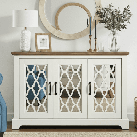 STYLIVIA Heron 3 Door Wide Sideboard Cabinet with Adjustable Shelves, Sturdy Wood Storage with Metal Hardware, Ivory & Knotty Oak