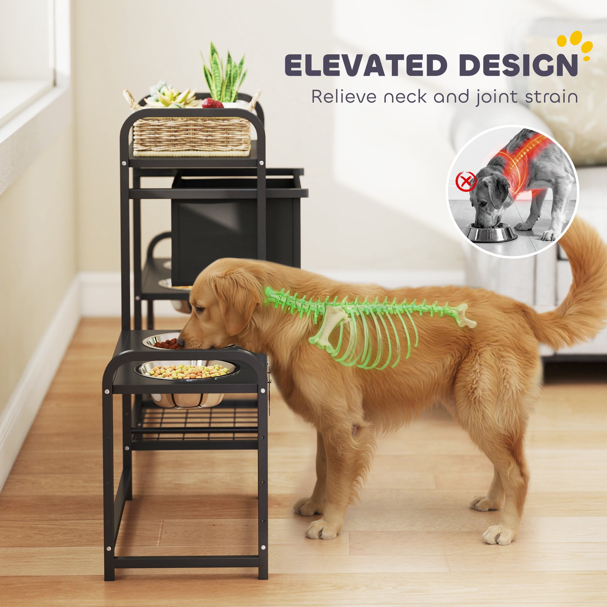 Dog Bowl Stand with 2 Feeding Stations, 3 Height Adjustable Elevated Dog Bowls with Toy Bin Basket, Lifted Food and Water Bowl, Black
