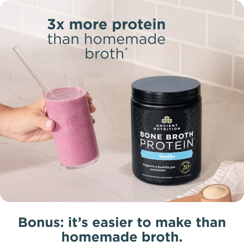 Ancient Nutrition Grass Fed, Bone Broth Protein Powder, 20g Protein, Hydrolyzed Collagen Peptides, Keto & Paleo Friendly, Supports Joint, Gut Health, Vanilla, 15 Servings