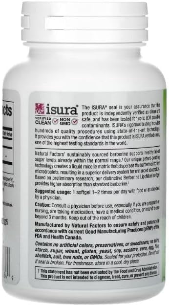 Natural Factors Berberine LipoMicel Matrix Softgels for Healthy Aging and Weight Management, 500 mg, 60 Softgels