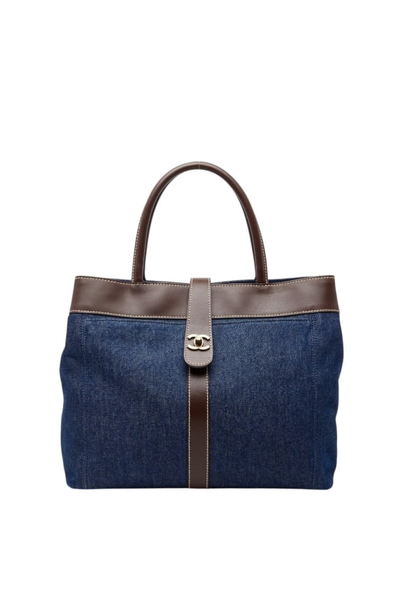 Pre-Owned Chanel Coco Mark Handbag Tote Bag Indigo Blue Brown Denim Leather Women's CHANEL