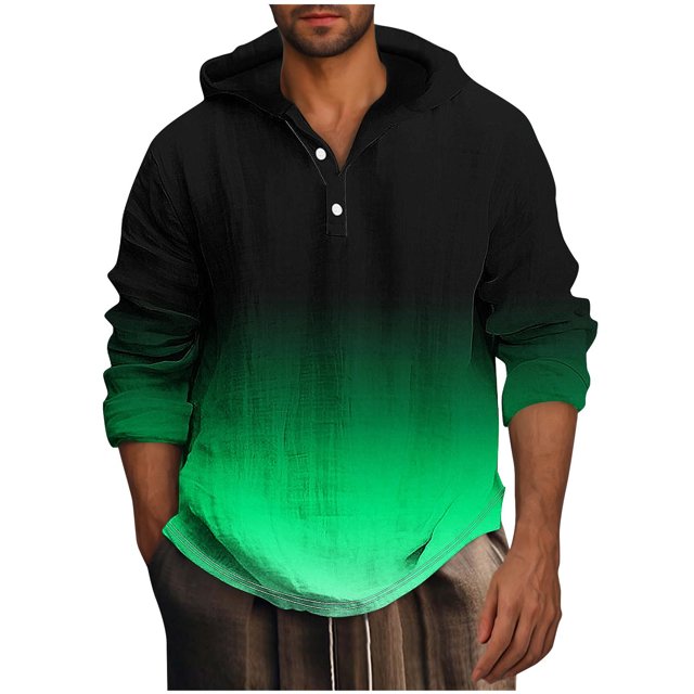ameIAEA Mens Fall Hooded Sweatshirts Long Sleeve Button Pullover Tops Gradient Color Casual Shirts
