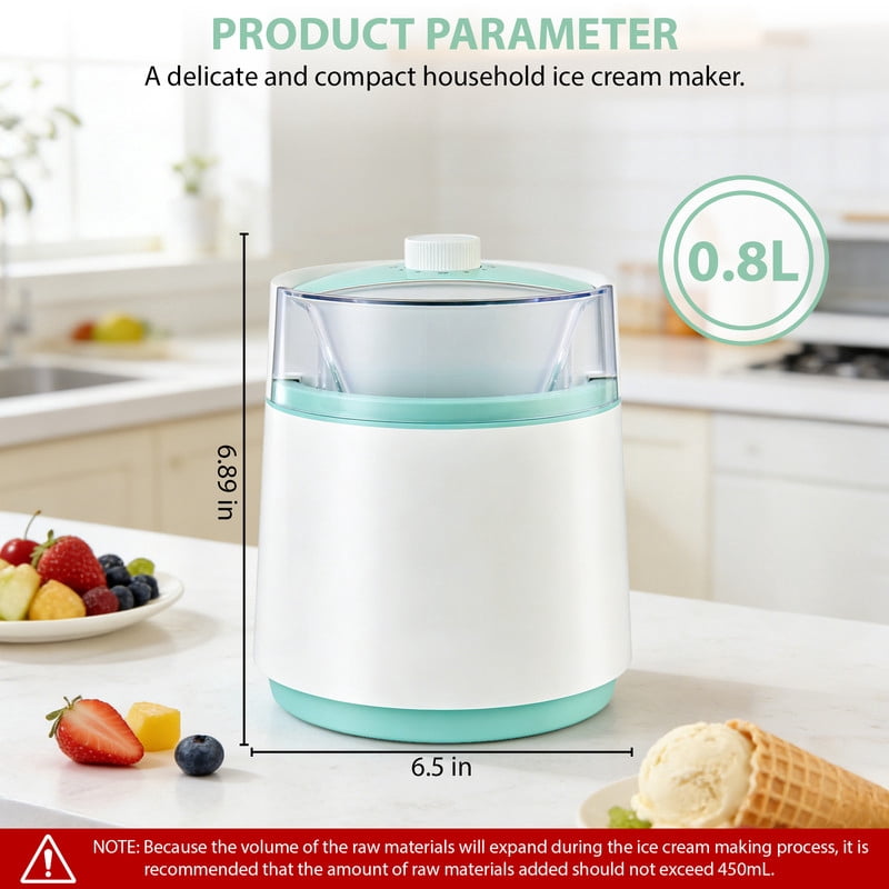 SUSLAS 0.8L Mini Ice Cream Maker Machine with Timer Knob, Compact Personal Ice Cream Maker for Homemade Gelato, Sorbet & Frozen Yogurt, Easy Operation, White & Green
