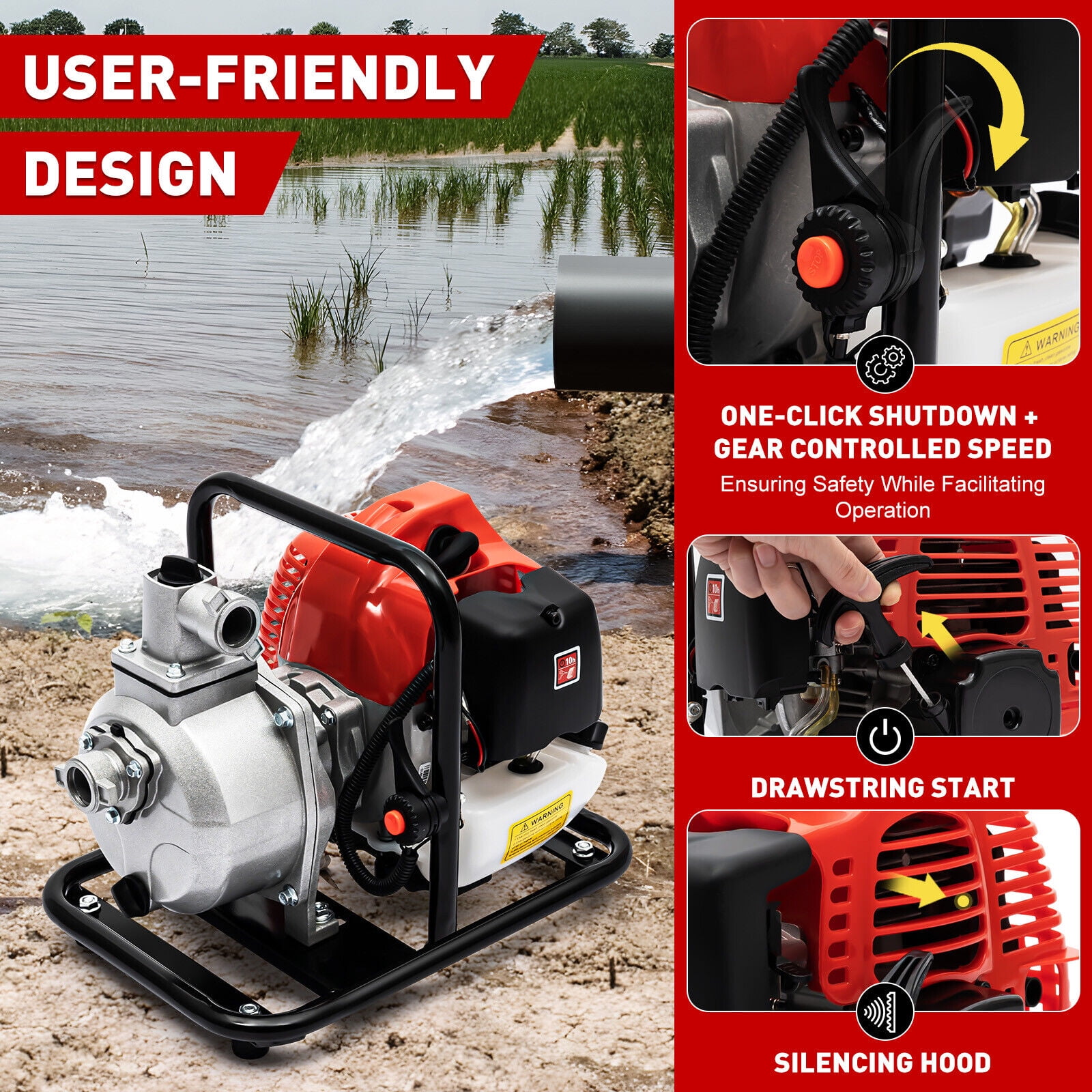 BJTDLLX, 1.7HP, Black Red and Grey Mixed Oil, 2 Stroke Water Transfer Pump, 10.17 GPM