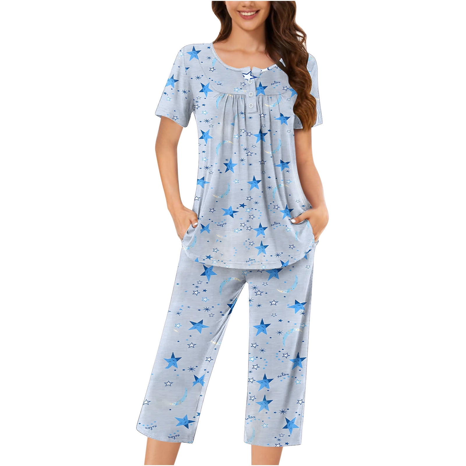Tnhcen Women's 2-Piece Summer Pajamas Henley-Collar Home Clothes Short-Sleeve Shirts And Capri Trousers With Pockets