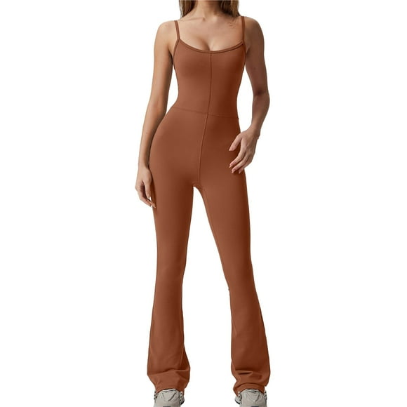 MSJUHEG Jumpsuits For Women Dressy Crewneck Sweatshirts Jumpsuits For Women Spaghetti Straps Scoop Neck Bodycon Full Length Casual Unitard Playsuit Joggers For Women Coffee L