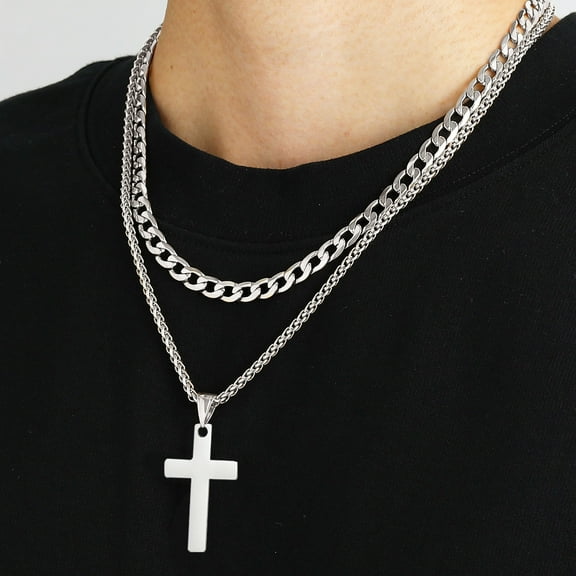 FaithHeart Layered Silver Cross Necklace for Men Stainless Steel Cuban Curb Link Chain Cross Pendant Necklaces Set Christian Religious Jewelry Gifts for Boyfriend