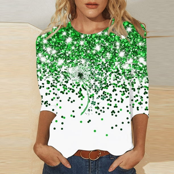 TaTaai Women Fashion St. Patrick's Day Green Print Crew Neck Top 3/4 Sleeve Loose Casual Tee Ladies Spring Daily Commute Wear Soft Comfortable Non-See-Through No Fading Lightweight Top Gift