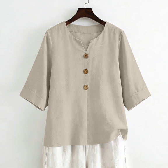 Linen Shirts for Women Summer Tops Button Down V Neck 3/4 Sleeve Boho Cotton Blouses Casual Loose Basic Solid Tunic Tops Beige S
