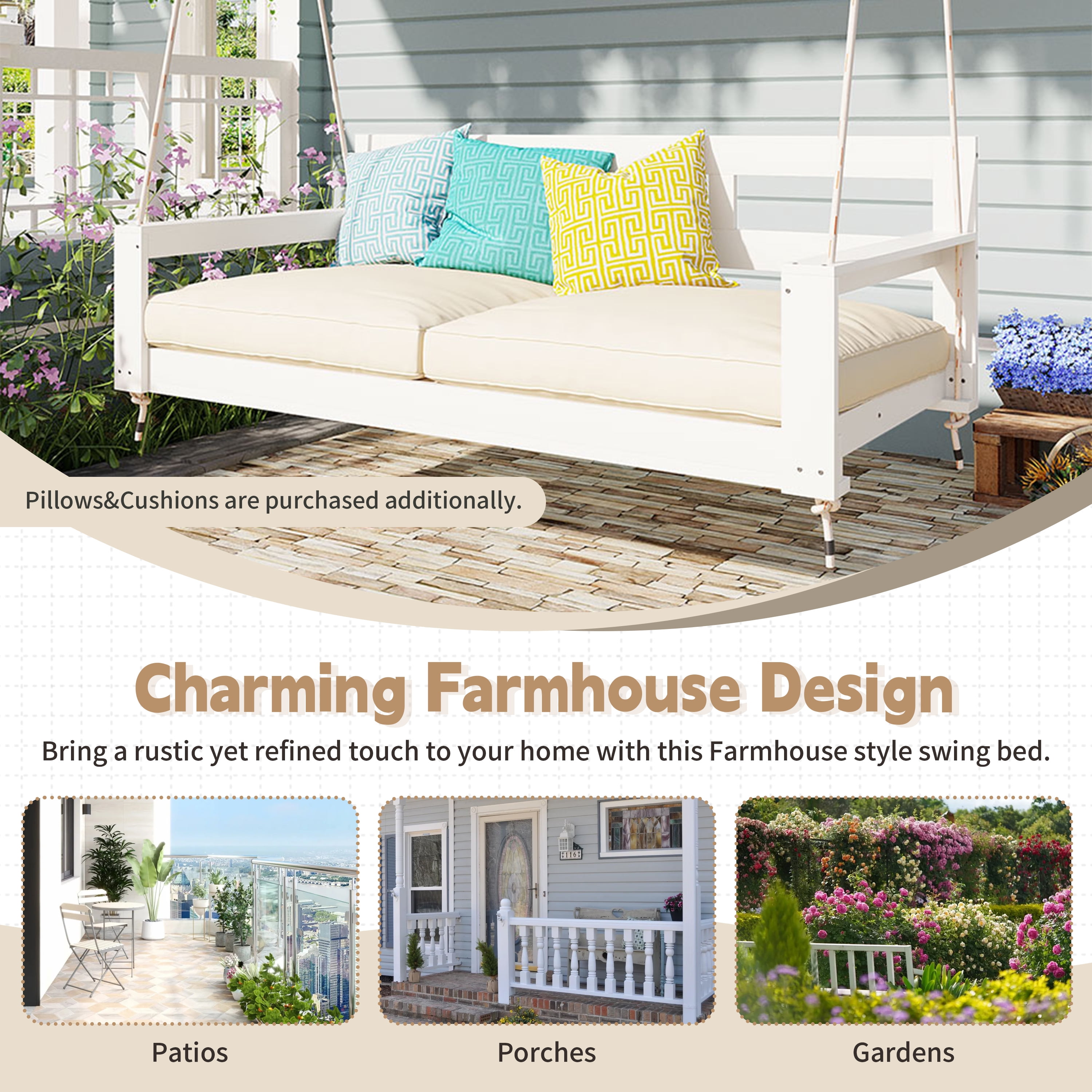 Euroco Acacia Wood Farmhouse Swing Bed with Hemp Rope Suspension, 350lbs Capacity, Twin Size, Easy Assembly, Cushions Not Included