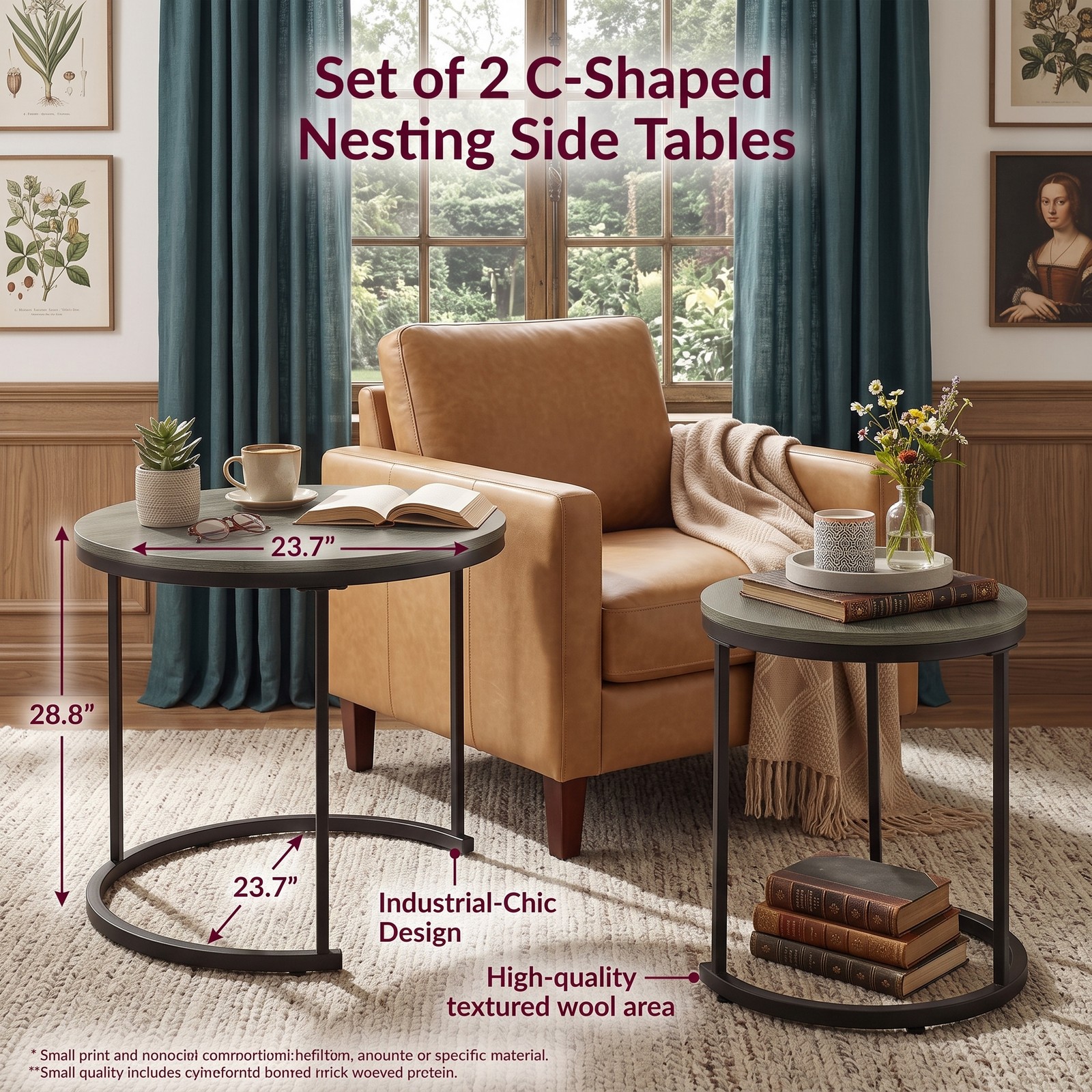 Furnibear Set of 2 Modern Round Nesting Coffee Tables, Stackable Space-Saving Side End Tables with Powder-Coated Steel Frame for Living Room Bedroom, Oak