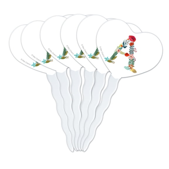 Letter A Floral Heart Love Cupcake Picks Toppers Decoration Set of 6