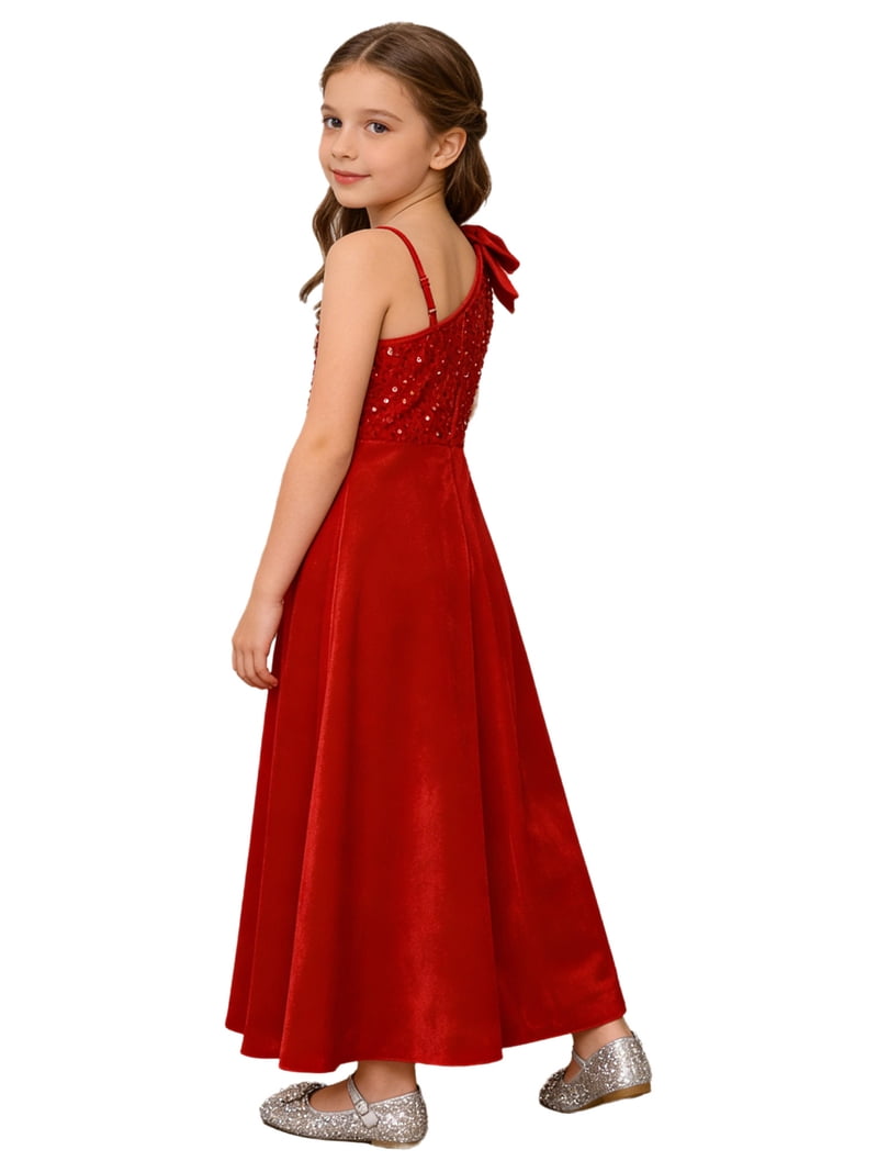 vastwit Wedding Junior Bridesmaid Dress One Shoulder Bow Sequin Velvet Sleeveless Slit Maxi Flower Girl Dress Red 16