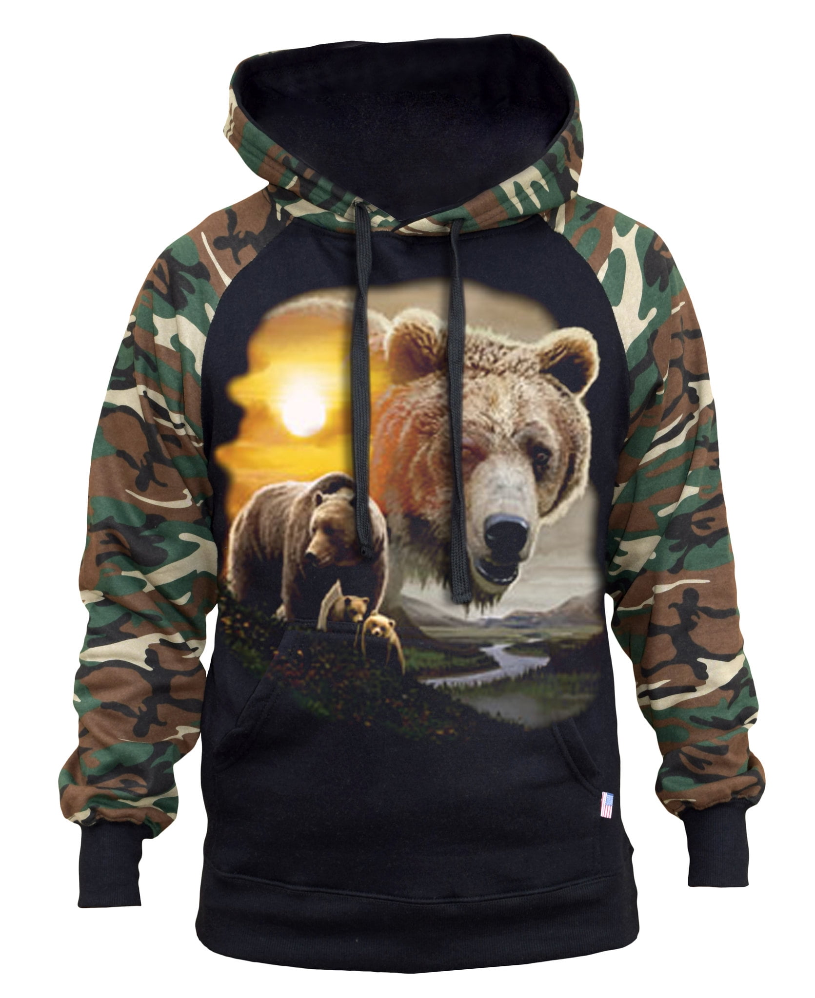 Interstate Apparel Mens American Grizzly Bear Sun Black Pullover Hoodie Sweater Black 