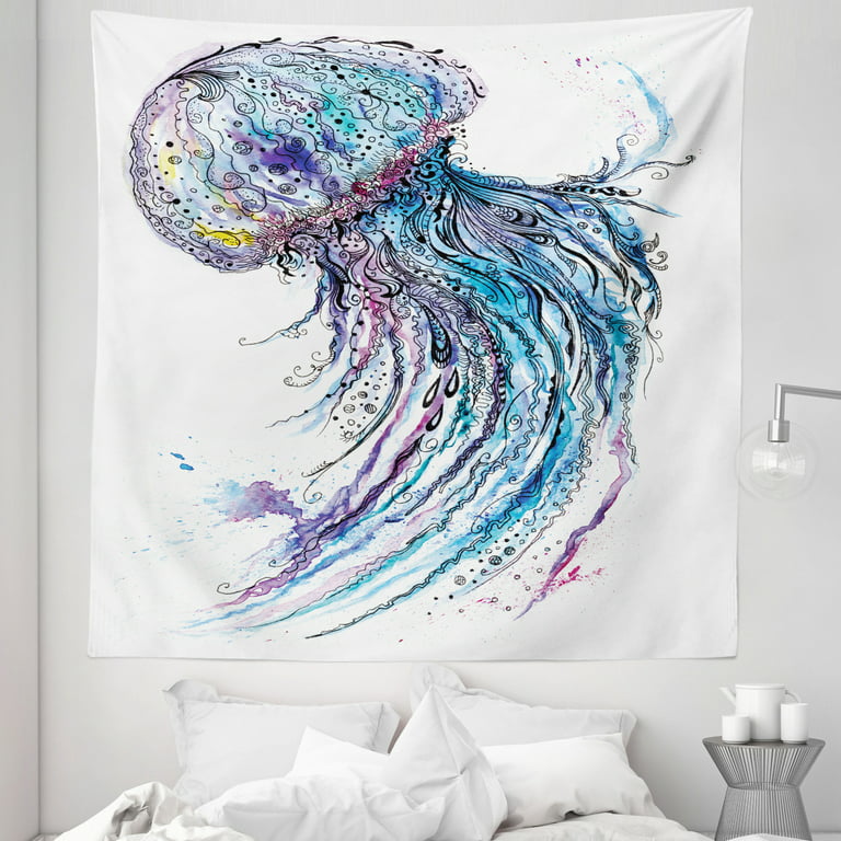 Jellyfish Tapestry, Aqua Colors Art Ocean Animal Print Sketch