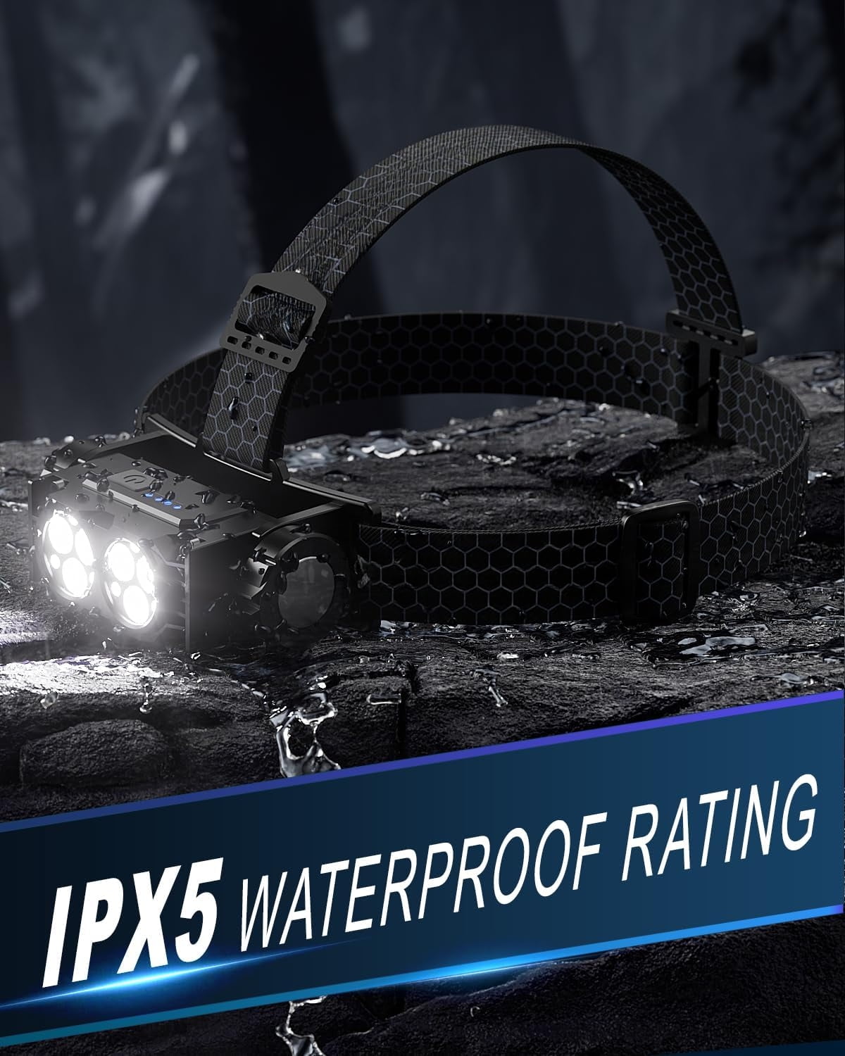 Rechargeable Headlamp (2PCS), 4500 Lumen Ultra-Light LED Headlamp, Waterproof with Headband, for Camping and Hiking, Black.
