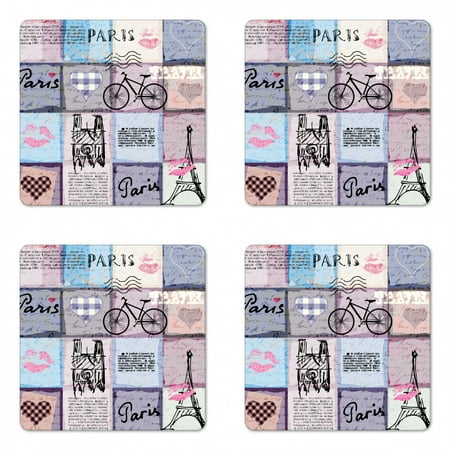 

Paris Coaster Set of 4 Grunge Textured Retro Collage of France Famous Object Eiffel Tower Europe Theme Square Hardboard Gloss Coasters Standard Size Multicolor by Ambesonne