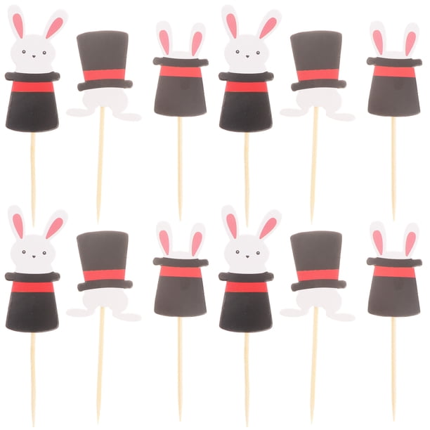 FELTECHELECTR Juego de 24 adornos para tartas de Pascua con forma de conejo y sombrero, para decorar tartas y fiestas de cumpleaños.