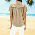 thumbnail image 5 of Hueook Summer Womens Button Down Shirt Women's Solid Color Zippered Pockets Blouses Short Sleeve Button-Up Turndown Collar Casual Fashionable Top Khaki M, 5 of 7