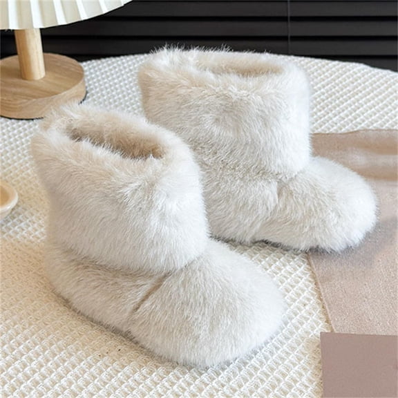 Bnwani Boots for Girls Cute Cuffed Faux Mink Fur Solid Plush Ankle Boots Slip On Beige 21