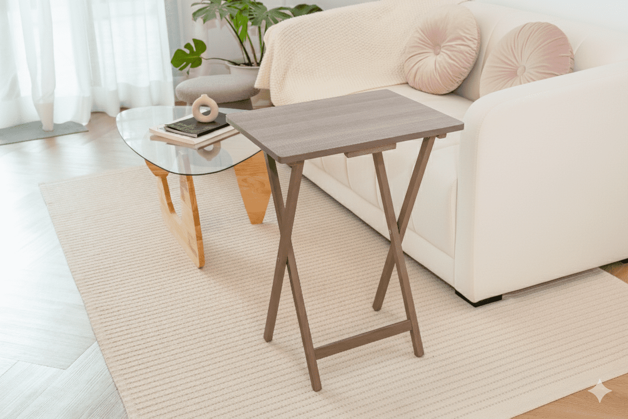 Mainstays 5-Piece Rubberwood Folding TV Tray Table Set of 4 with Storage Rack, Rustic Gray