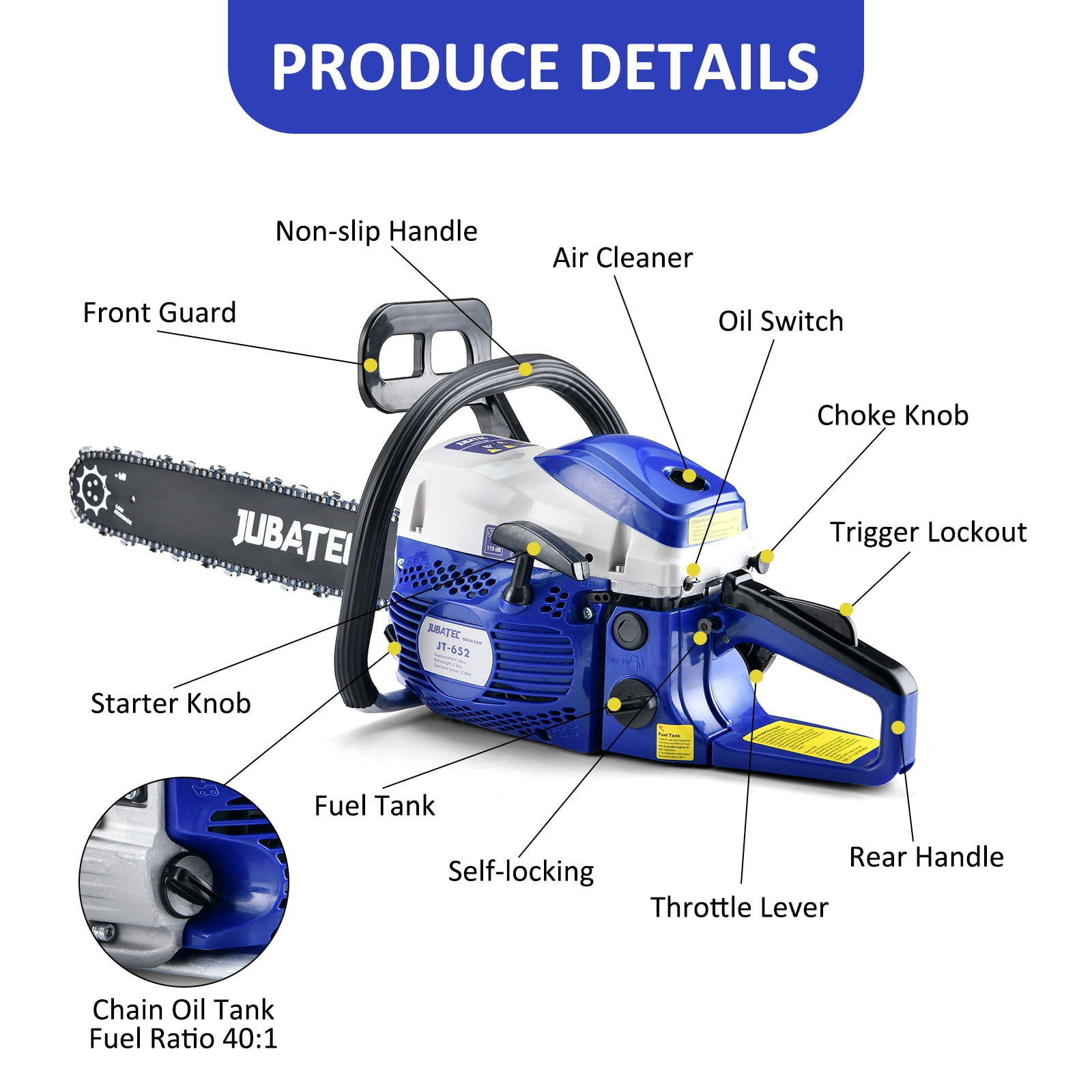 58cc Gas Chainsaw 2-Cycle Engine Gas Powered Chainsaws 20 Inch Petrol Handheld Cordless Gasoline Chain Saw for Cutting Wood Tree Trimming Farm Garden