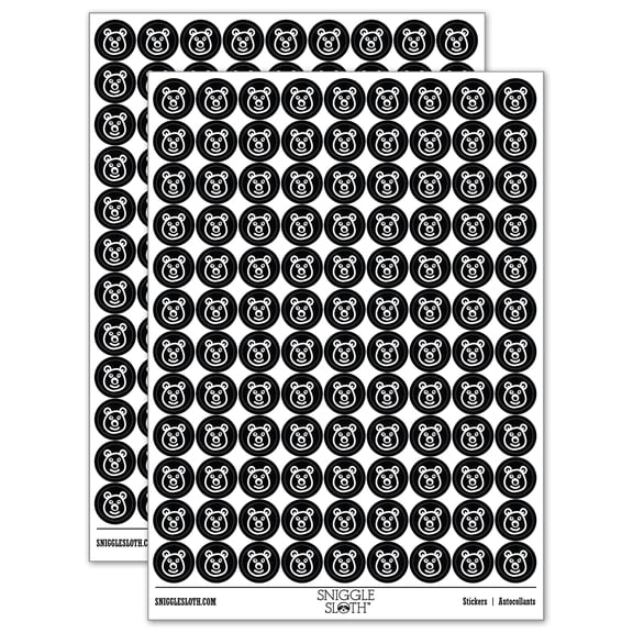 Bear Face Doodle 200  Round Stickers - Black - Gloss Finish - 0.50" Size