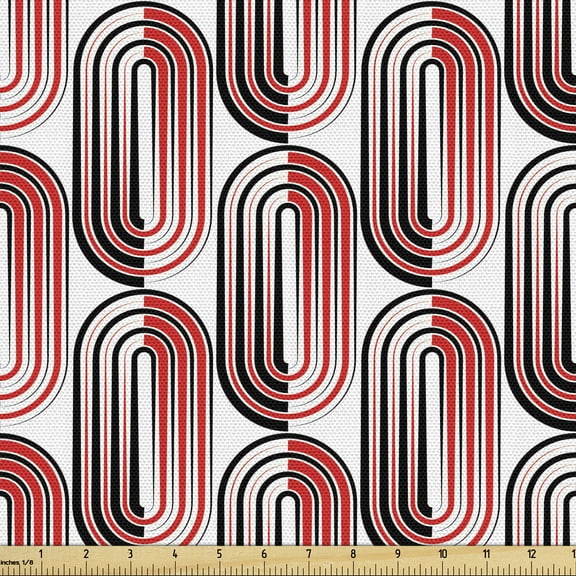 Modern Art Fabric by the Yard, Ellipse Curves Surrounded Focal Points Mathematical Education Modern Motif, Decorative Upholstery Fabric for Chairs & Home Accents, 2 Yards, Vermilion White by Ambesonne