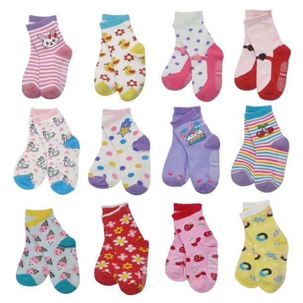Baby Girl Non Skid Grips Socks 12 Pairs Anti Slip Cotton Dress Crew