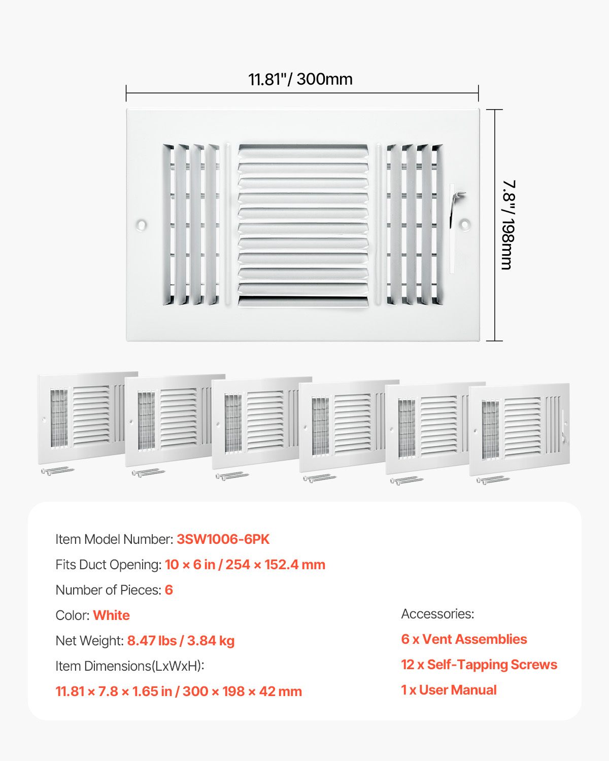 VEVOR 6 x 10 Inch Floor Registers, 6-Pack Floor Vents,HVAC 3-Direction Iron Vent Grilles for Home/Office Wall & Ceiling,Rustproof Anti-Peeling Air Vents Deflector Adjustable with Metal Damper,White