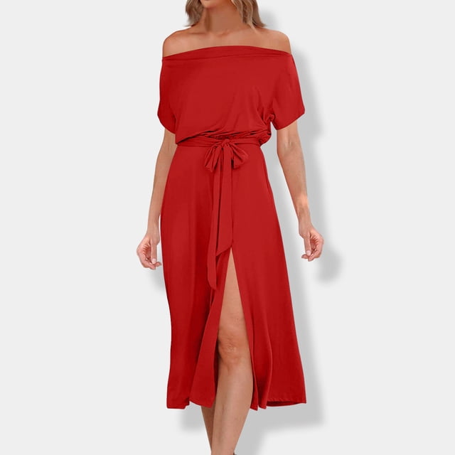 Gspmoly Robes pour Femmes Grande Taille, Robe d'Été pour Femmes à la Mode, Unie, à Manches Courtes, Épaules Dénudées, Offres de Robes Habillées pour Femmes