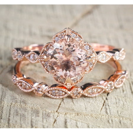 2 carat Round Cut Morganite and Diamond Halo Bridal Wedding Ring Set in Rose Gold: Bestselling Design Under Dollar (Best Fish Finder Under 600 Dollars)
