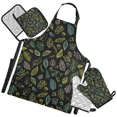 Ryvnso Neon Leaves Kitchen Apron Oven Mitts Set Pot Holders