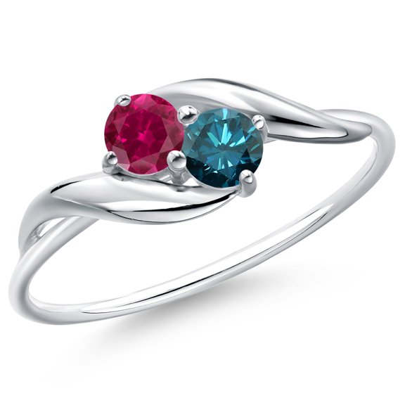 Gem Stone King 10K White Gold Round Red Created Ruby and Blue Diamond Ring for Women (0.40 Cttw, Round 3.5MM, Gemstone July Birthstone, Size 8)
