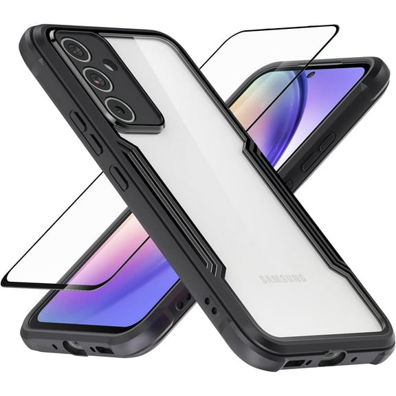 Samsung Galaxy A54 5G Case   Screen Protector, Reinforced Corner Camera Protection, Clear Hard Back   Flexible TPU Bumper Shock-Proof Phone Case for Galaxy A54 - Black