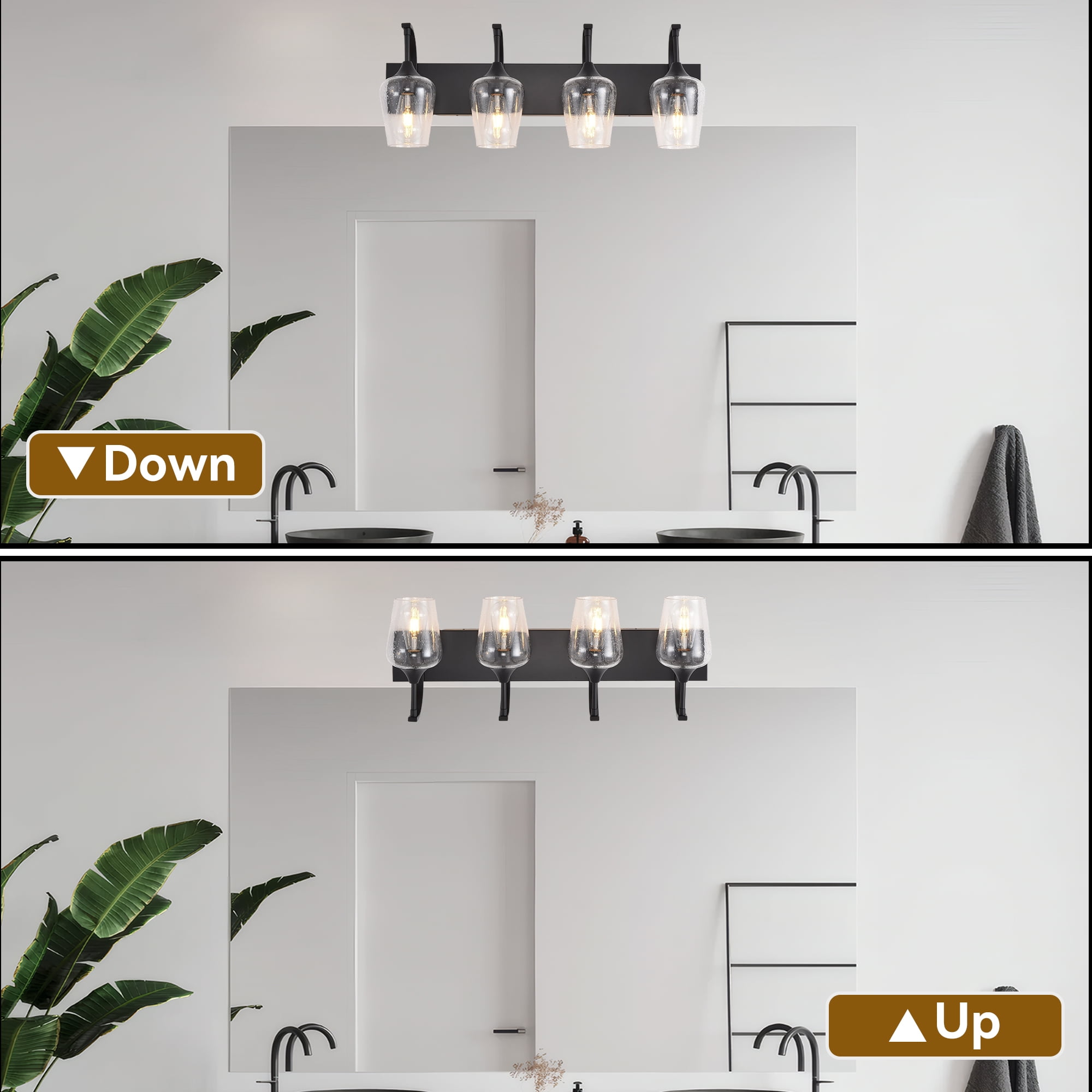 Industrial Vanity Light with Seed Glass Shades - 4-Light Matte Black Sconce for Bathroom & Bedroom