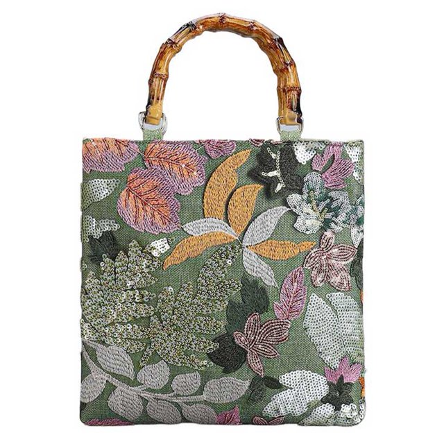 Bolso Bag Floral Bordado Lentejuelas Bambú para Mujeres () Verde