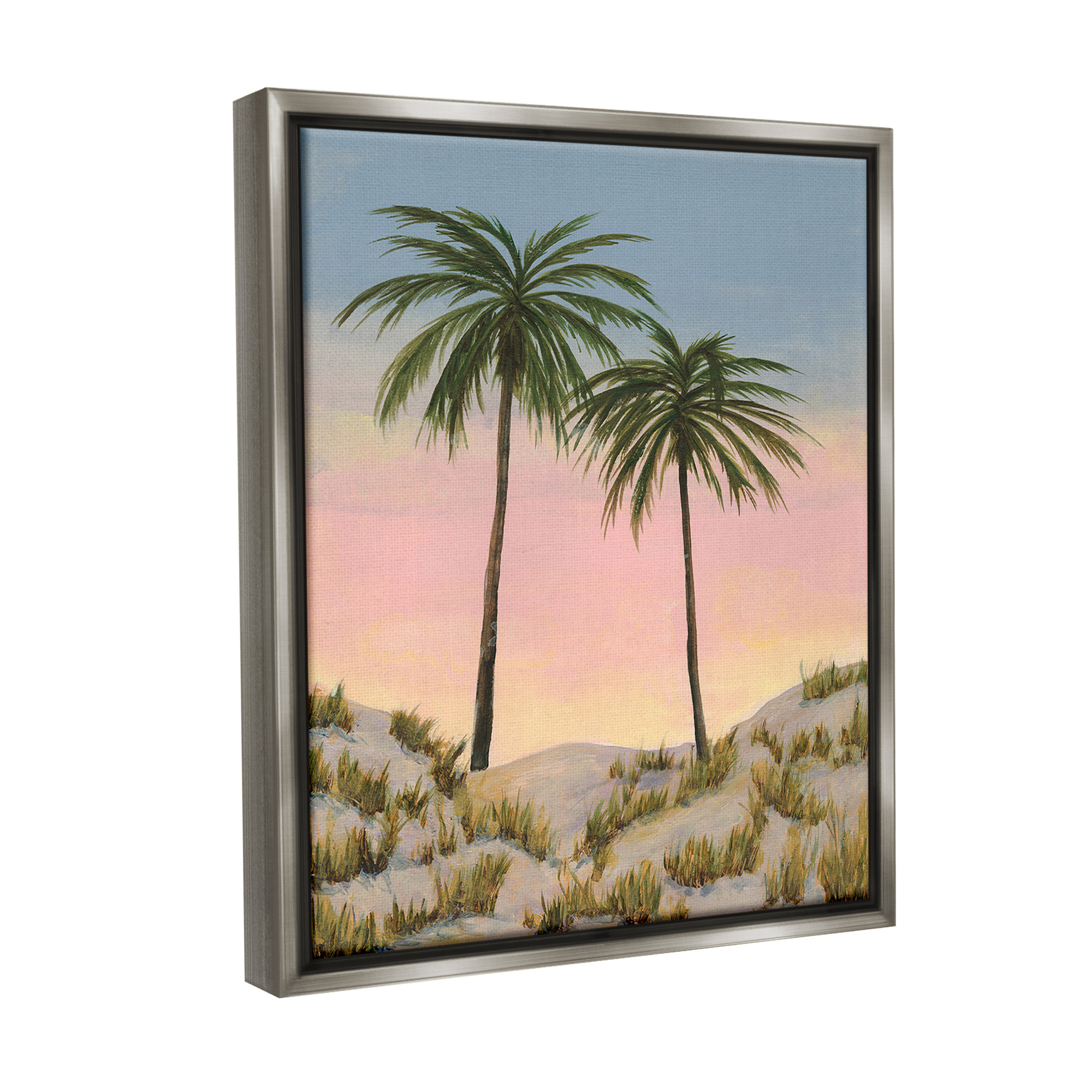 Stupell Industries Sunrise Palm Trees Landscape Painting Gray Floater Framed Canvas Art Print Wall Art, 17 x 21