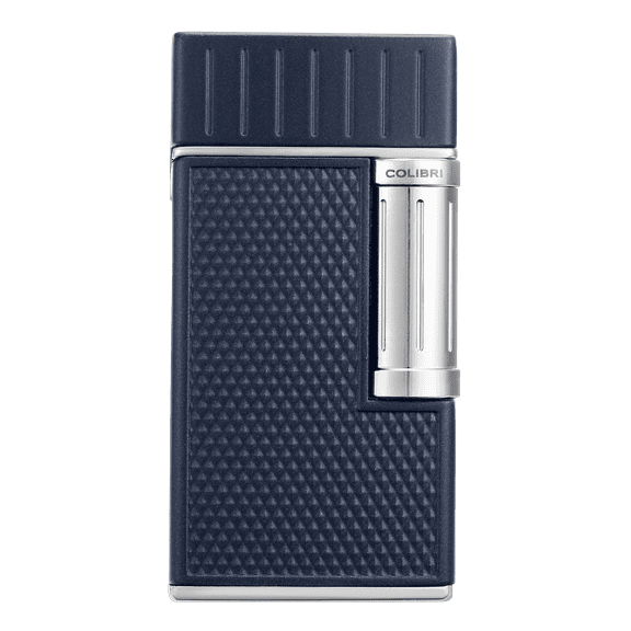 Colibri Julius Double Flame Butane Flint Cigar Lighter with Diamond-Pattern Case, Windproof & Refillable, Cigar Enthusiast's Choice with Blue Fuel Window and Adjustable Flame (Navy, Chrome)